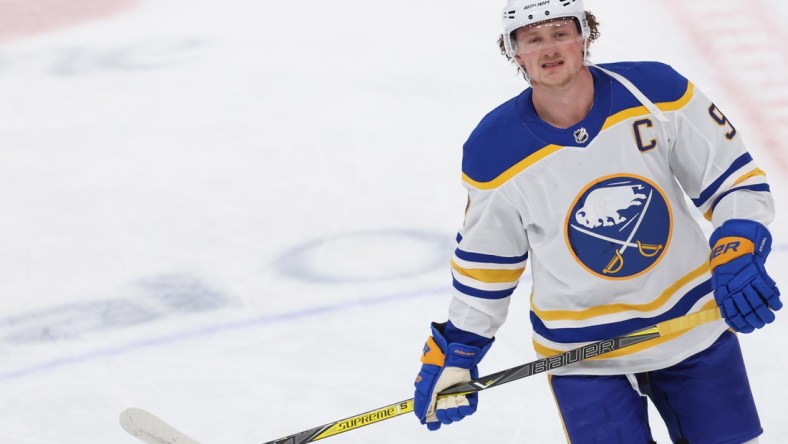 Feb 18, 2021; Washington, District of Columbia, USA; Buffalo Sabres center Jack Eichel (9) skates during warmups prior to the Sabres' game against the Washington Capitals at Capital One Arena. Mandatory Credit: Geoff Burke-USA TODAY Sports