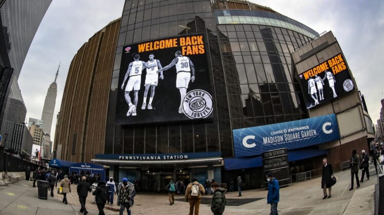 Feb 23, 2021; New York, New York, USA;  A sign welcoming back fans prior to the start of the game between the New York Knicks and the Golden State Warriors at Madison Square Garden. Mandatory Credit: Wendell Cruz-USA TODAY Sports