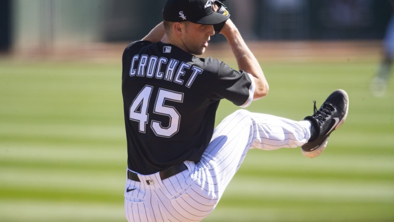 Mar 9, 2021; Glendale, Arizona, USA; Chicago White Sox pitcher Garrett Crochet against the San Diego Padres during a Spring Training game at Camelback Ranch Glendale. Mandatory Credit: Mark J. Rebilas-USA TODAY Sports