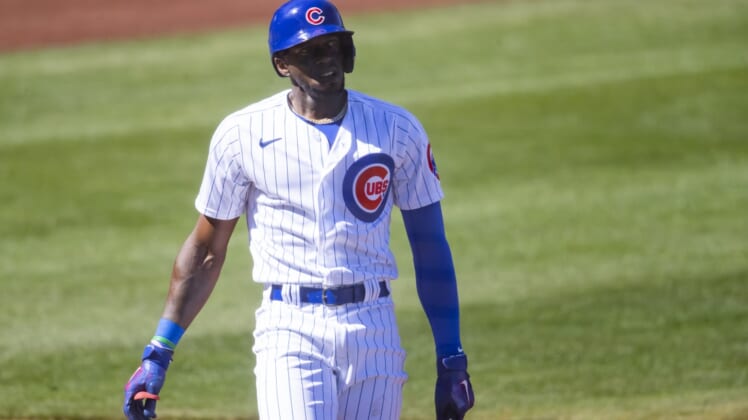 Mar 5, 2021; Mesa, Arizona, USA; Chicago Cubs outfielder Cameron Maybin against the Cleveland Indians during a Spring Training game at Sloan Park. Mandatory Credit: Mark J. Rebilas-USA TODAY Sports