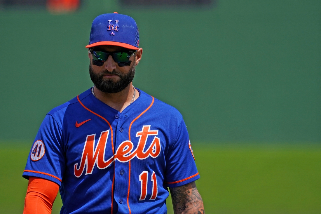 Mar 22, 2021; West Palm Beach, Florida, USA; New York Mets right fielder Kevin Pillar (11) walks on the field prior to the spring training game against the Houston Astros at The Ballpark of the Palm Beaches. Mandatory Credit: Jasen Vinlove-USA TODAY Sports