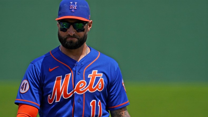 Mar 22, 2021; West Palm Beach, Florida, USA; New York Mets right fielder Kevin Pillar (11) walks on the field prior to the spring training game against the Houston Astros at The Ballpark of the Palm Beaches. Mandatory Credit: Jasen Vinlove-USA TODAY Sports