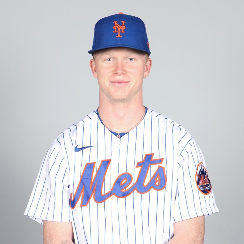 Mar 1, 2021; Port St. Lucie, FL, USA; New York Mets Pete Crow-Armstrong #91 poses during media day at Clover Park. Mandatory Credit: MLB photos via USA TODAY Sports