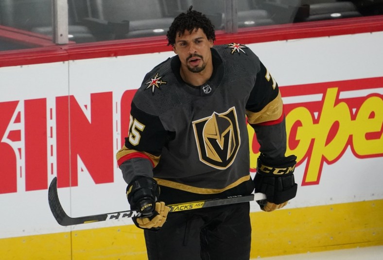 Mar 25, 2021; Denver, Colorado, USA; Vegas Golden Knights right wing Ryan Reaves (75) before the game against the Colorado Avalanche at Ball Arena. Mandatory Credit: Ron Chenoy-USA TODAY Sports