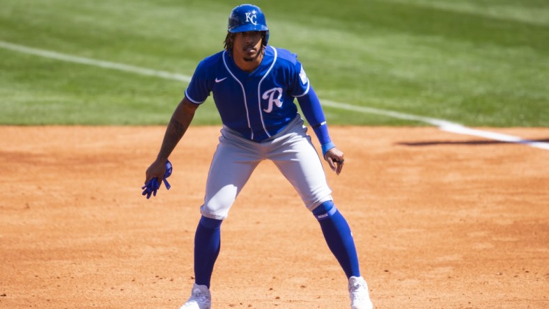 Mar 24, 2021; Tempe, Arizona, USA; Kansas City Royals shortstop Adalberto Mondesi against the Los Angeles Angels during a Spring Training game at Tempe Diablo Stadium. Mandatory Credit: Mark J. Rebilas-USA TODAY Sports