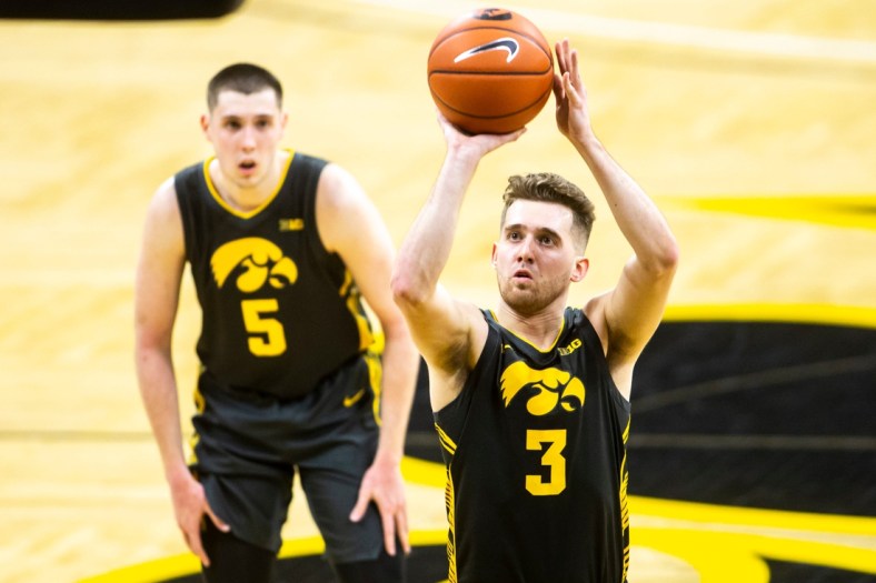 Iowa guard Jordan Bohannon (3) makes a free throw during a NCAA Big Ten Conference men's basketball game against Wisconsin, Sunday, March 7, 2021, at Carver-Hawkeye Arena in Iowa City, Iowa.

210307 Wisc Iowa Mbb 040 Jpg