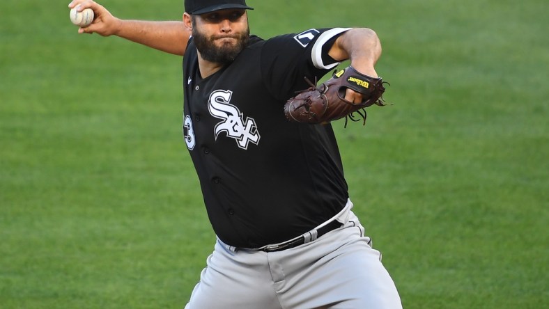 Apr 3, 2021; Anaheim, California, USA; Chicago White Sox starting pitcher Lance Lynn (33) throws against the Los Angeles Angels in the first inning at Angel Stadium. Mandatory Credit: Jayne Kamin-Oncea-USA TODAY Sports