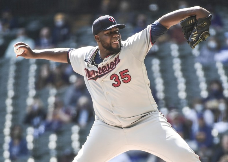 1Apr 4, 2021; Milwaukee, Wisconsin, USA;  Minnesota Twins pitcher Michael Pineda (35) throws a pitch in the first inning against the Milwaukee Brewers at American Family Field. Mandatory Credit: Benny Sieu-USA TODAY Sports