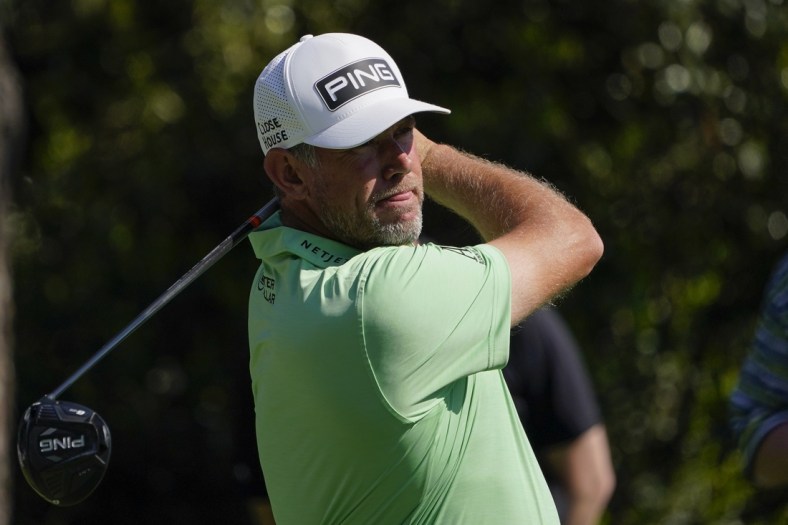 Apr 5, 2021; Augusta, Georgia, USA; Lee Westwood hits his tee shot on the 15th hole during a practice round for The Masters golf tournament at Augusta National Golf Club. Mandatory Credit: Michael Madrid-USA TODAY Sports