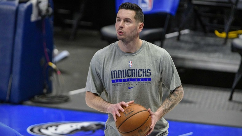 Apr 12, 2021; Dallas, Texas, USA; Dallas Mavericks guard JJ Redick (17) warms up before the game against the Philadelphia 76ers at the American Airlines Center. Mandatory Credit: Jerome Miron-USA TODAY Sports