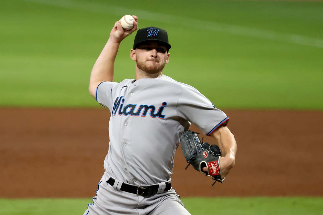 Apr 13, 2021; Atlanta, Georgia, USA; Miami Marlins relief pitcher Paul Campbell throws against the Atlanta Braves during the ninth inning at Truist Park. Mandatory Credit: Jason Getz-USA TODAY Sports