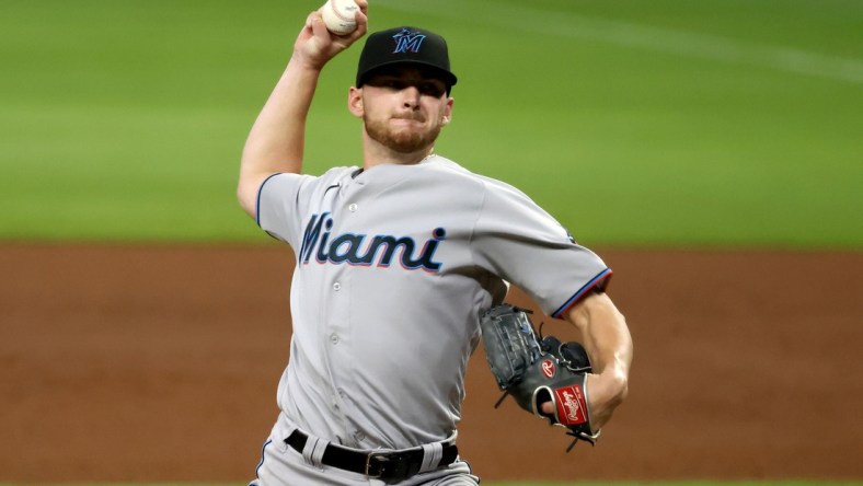 Apr 13, 2021; Atlanta, Georgia, USA; Miami Marlins relief pitcher Paul Campbell throws against the Atlanta Braves during the ninth inning at Truist Park. Mandatory Credit: Jason Getz-USA TODAY Sports