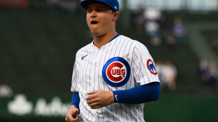 Apr 6, 2021; Chicago, Illinois, USA;  Chicago Cubs left fielder Joc Pederson (24) warms up before their game against the Milwaukee Brewers at Wrigley Field. Mandatory Credit: Matt Marton-USA TODAY Sports