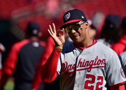 Apr 14, 2021; St. Louis, Missouri, USA;  Washington Nationals right fielder Juan Soto (22) celebrates with teammates after the Nationals defeated the St. Louis Cardinals at Busch Stadium. Mandatory Credit: Jeff Curry-USA TODAY Sports