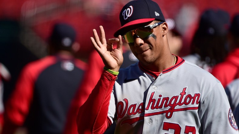 Apr 14, 2021; St. Louis, Missouri, USA;  Washington Nationals right fielder Juan Soto (22) celebrates with teammates after the Nationals defeated the St. Louis Cardinals at Busch Stadium. Mandatory Credit: Jeff Curry-USA TODAY Sports