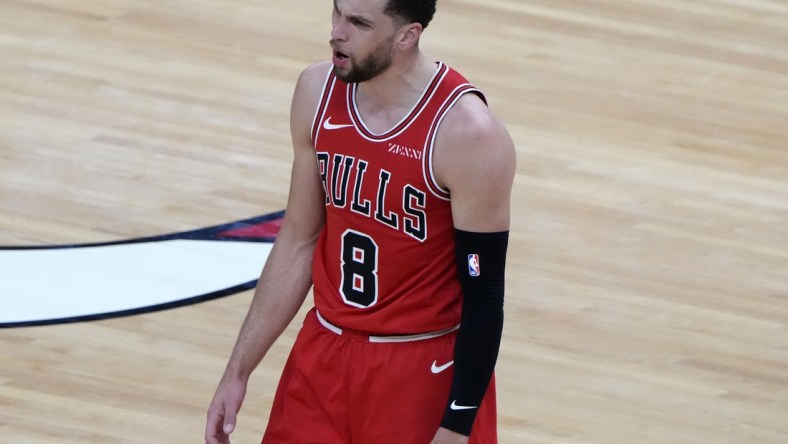 Apr 14, 2021; Chicago, Illinois, USA; Chicago Bulls guard Zach LaVine (8) reacts after a foul call during the second quarter against the Orlando Magic at the United Center. Mandatory Credit: Mike Dinovo-USA TODAY Sports