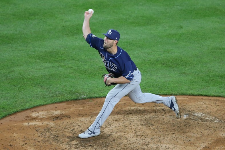 Apr 16, 2021; Bronx, New York, USA; Tampa Bay Rays relief pitcher Hunter Strickland (60) pitches against the New York Yankees during the ninth inning at Yankee Stadium. Mandatory Credit: Brad Penner-USA TODAY Sports
