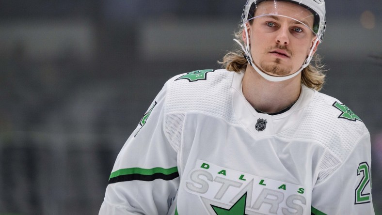 Apr 19, 2021; Dallas, Texas, USA; Dallas Stars left wing Roope Hintz (24) skates in warm-ups prior to the game against against the Detroit Red Wings at American Airlines Center. Mandatory Credit: Jerome Miron-USA TODAY Sports