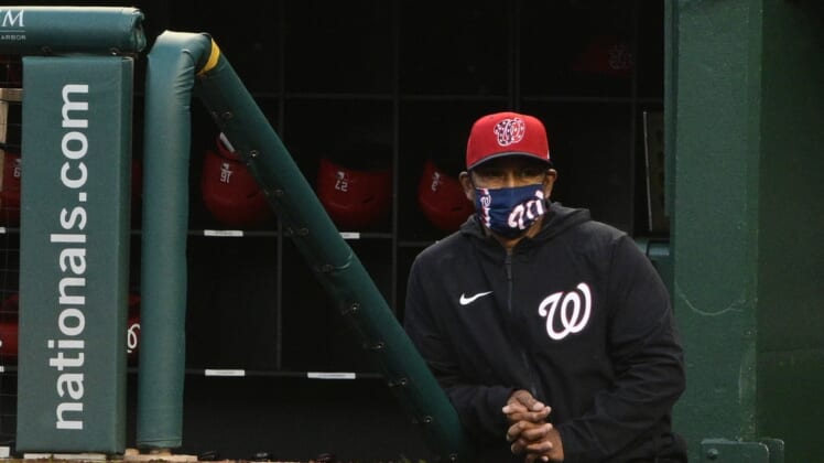 Apr 19, 2021; Washington, District of Columbia, USA;  Washington Nationals manager Dave Martinez looks onto the field during the first inning against the St. Louis Cardinals at Nationals Park. Mandatory Credit: Tommy Gilligan-USA TODAY Sports