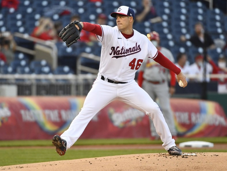 Apr 20, 2021; Washington, District of Columbia, USA; Washington Nationals starting pitcher Patrick Corbin (46) throws to the St. Louis Cardinals during the first inning at Nationals Park. Mandatory Credit: Brad Mills-USA TODAY Sports