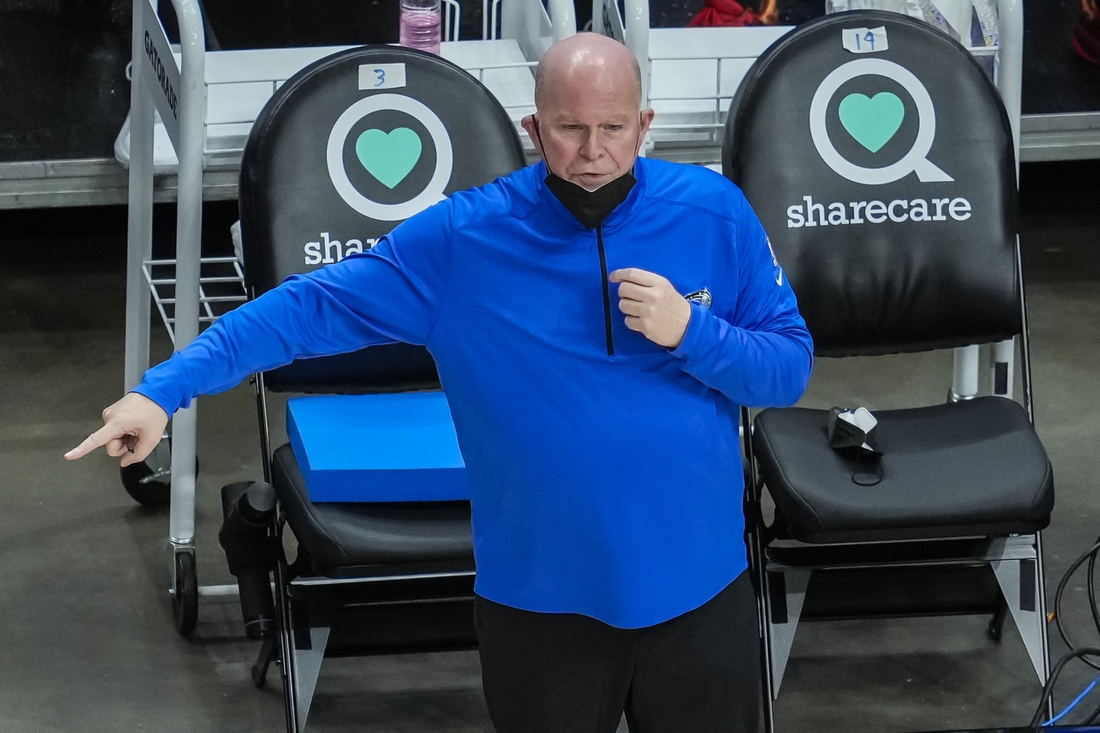 Apr 20, 2021; Atlanta, Georgia, USA; Orlando Magic head coach Steve Clifford shown on the sideline against the Atlanta Hawks during the second half at State Farm Arena. Mandatory Credit: Dale Zanine-USA TODAY Sports