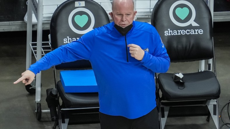 Apr 20, 2021; Atlanta, Georgia, USA; Orlando Magic head coach Steve Clifford shown on the sideline against the Atlanta Hawks during the second half at State Farm Arena. Mandatory Credit: Dale Zanine-USA TODAY Sports