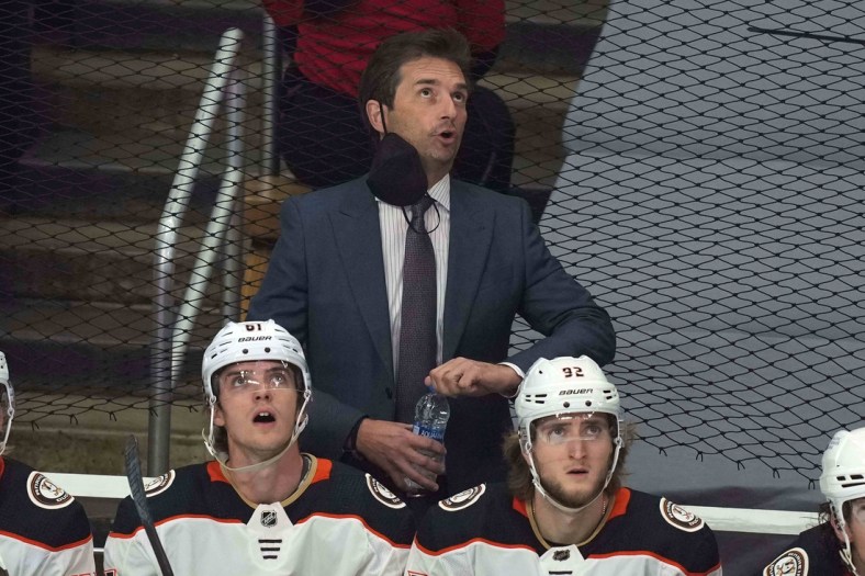 Apr 20, 2021; Los Angeles, California, USA; Anaheim Ducks coach Dallas Eakins reacts  in the first period against the LA Kings at Staples Center. Mandatory Credit: Kirby Lee-USA TODAY Sports