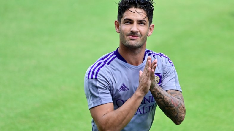 Apr 17, 2021; Orlando, Florida, USA; Orlando City SC fforward Alexandre Pato (7) looks on prior to the game against the Atlanta United FC at Orlando City Stadium. Mandatory Credit: Douglas DeFelice-USA TODAY Sports