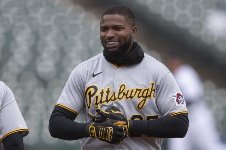 Apr 21, 2021; Detroit, Michigan, USA; Pittsburgh Pirates right fielder Gregory Polanco (25) smiles during the second inning against the Detroit Tigers at Comerica Park. Mandatory Credit: Raj Mehta-USA TODAY Sports