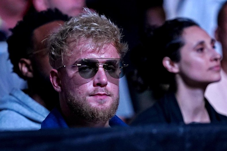 Apr 24, 2021; Jacksonville, Florida, USA; YouTube start Jake Paul looks on before Anthony Smith (Red Gloves) fights Jimmy Crute (Blue Gloves) during UFC 261 at VyStar Veterans Memorial Arena. Mandatory Credit: Jasen Vinlove-USA TODAY Sports