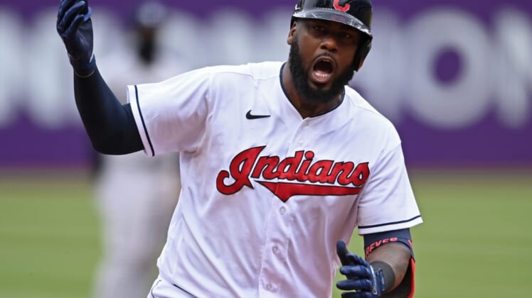 Apr 25, 2021; Cleveland, Ohio, USA; Cleveland Indians designated hitter Franmil Reyes (32) runs the bases after hitting a three run home run in the fourth inning against the New York Yankees at Progressive Field. Mandatory Credit: David Dermer-USA TODAY Sports