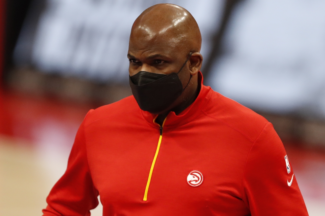 Apr 26, 2021; Detroit, Michigan, USA; Atlanta Hawks head coach Nate McMillan walks to the locker room just after the second quarter against the Detroit Pistons at Little Caesars Arena. Mandatory Credit: Raj Mehta-USA TODAY Sports