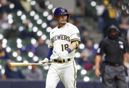 Apr 26, 2021; Milwaukee, Wisconsin, USA; Milwaukee Brewers second baseman Keston Hiura (18) looks on after striking out during the fourth inning against the Miami Marlins at American Family Field. Mandatory Credit: Jeff Hanisch-USA TODAY Sports