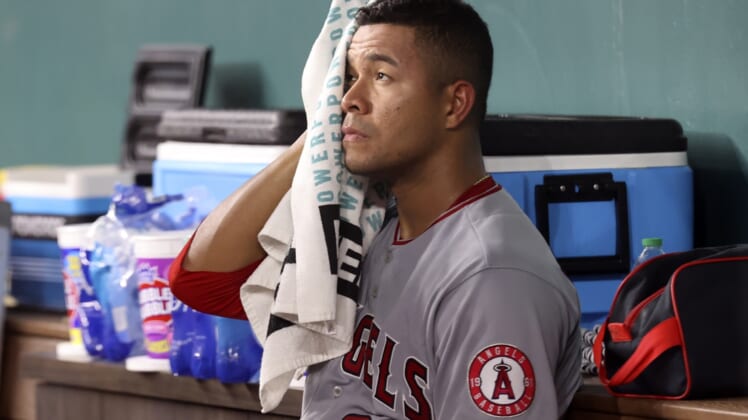 Apr 27, 2021; Arlington, Texas, USA;  Los Angeles Angels starting pitcher Jose Quintana (62) reacts after being taken out of the game during the fourth inning against the Texas Rangers at Globe Life Field. Mandatory Credit: Kevin Jairaj-USA TODAY Sports