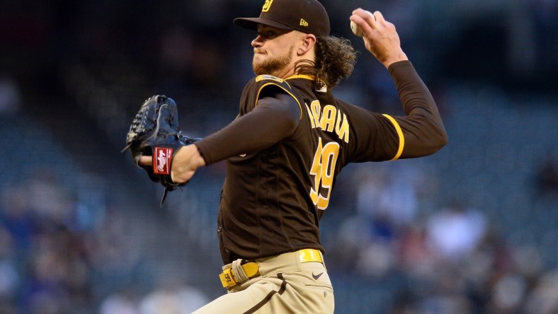 Apr 27, 2021; Phoenix, Arizona, USA; San Diego Padres starting pitcher Chris Paddack (59) pitches against the Arizona Diamondbacks during the first inning at Chase Field. Mandatory Credit: Joe Camporeale-USA TODAY Sports