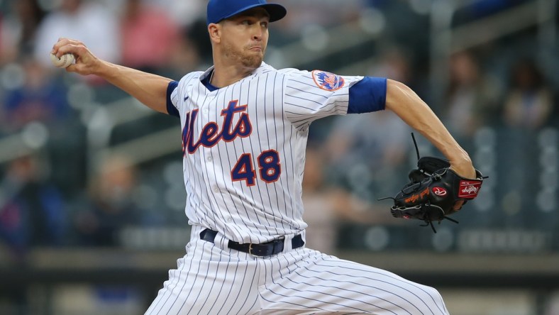 Apr 28, 2021; New York City, New York, USA; New York Mets starting pitcher Jacob deGrom (48) throws against the Boston Red Sox during the first inning at Citi Field. Mandatory Credit: Brad Penner-USA TODAY Sports