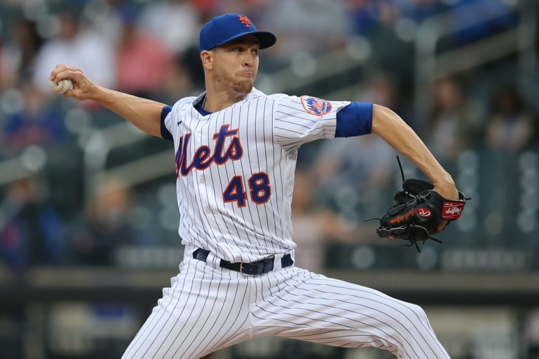 Apr 28, 2021; New York City, New York, USA; New York Mets starting pitcher Jacob deGrom (48) throws against the Boston Red Sox during the first inning at Citi Field. Mandatory Credit: Brad Penner-USA TODAY Sports