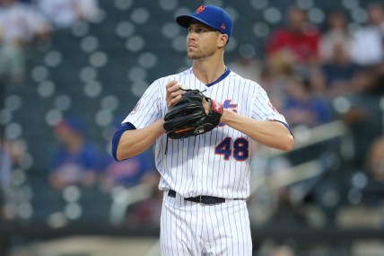 Apr 28, 2021; New York City, New York, USA; New York Mets starting pitcher Jacob deGrom (48) reacts after allowing a run to the Boston Red Sox during the second inning at Citi Field. Mandatory Credit: Brad Penner-USA TODAY Sports