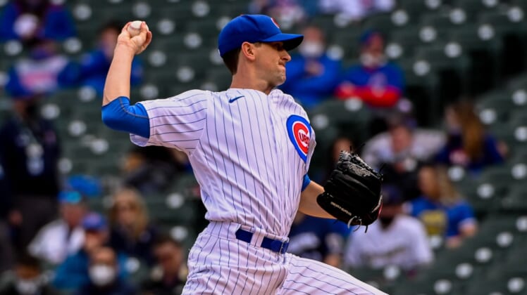 Apr 23, 2021; Chicago, Illinois, USA;  Chicago Cubs starting pitcher Kyle Hendricks (28) delivers against the Milwaukee Brewers in the first inning at Wrigley Field. Mandatory Credit: Matt Marton-USA TODAY Sports