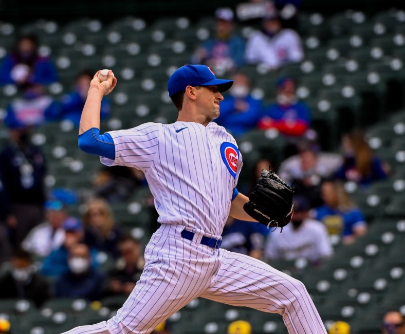 Apr 23, 2021; Chicago, Illinois, USA;  Chicago Cubs starting pitcher Kyle Hendricks (28) delivers against the Milwaukee Brewers in the first inning at Wrigley Field. Mandatory Credit: Matt Marton-USA TODAY Sports