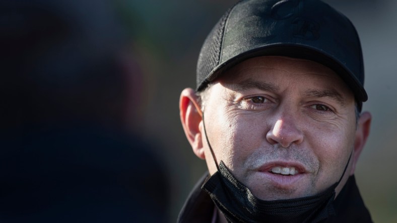 Trainer Chad Brown speaks to the media on the backside of Churchill Downs. Brown trained Kentucky Derby hopeful Highly Motivated. April 20, 2021

Af5i6073