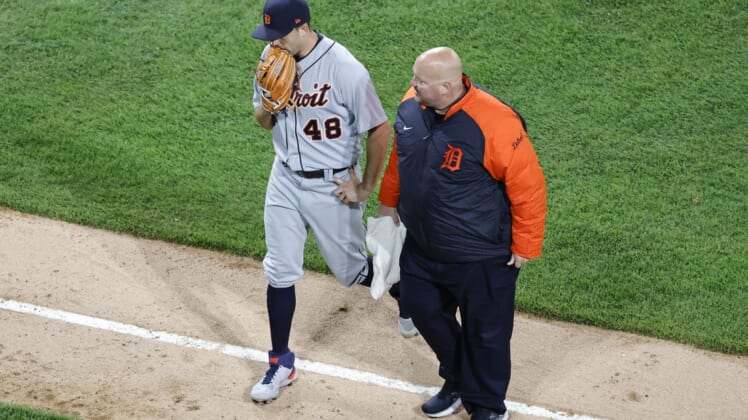 Apr 29, 2021; Chicago, Illinois, USA; Detroit Tigers starting pitcher Matthew Boyd (48) leaves due to injury during the second inning of the second game of a doubleheader against the Chicago White Sox at Guaranteed Rate Field. Mandatory Credit: Kamil Krzaczynski-USA TODAY Sports