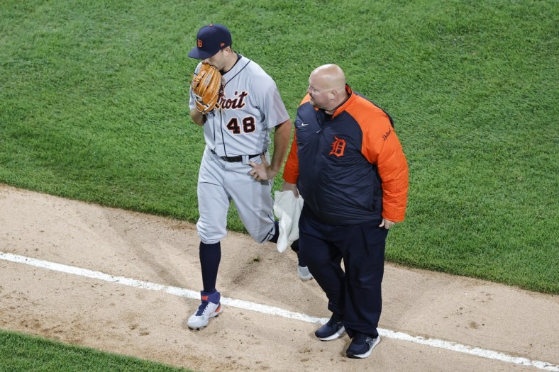 Apr 29, 2021; Chicago, Illinois, USA; Detroit Tigers starting pitcher Matthew Boyd (48) leaves due to injury during the second inning of the second game of a doubleheader against the Chicago White Sox at Guaranteed Rate Field. Mandatory Credit: Kamil Krzaczynski-USA TODAY Sports