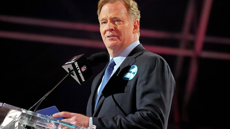 Apr 29, 2021; Cleveland, Ohio, USA; NFL commissioner Roger Goodell announces the final pick of the 2021 NFL Draft for the Tampa Bay Buccaneers at First Energy Stadium. Mandatory Credit: Kirby Lee-USA TODAY Sports