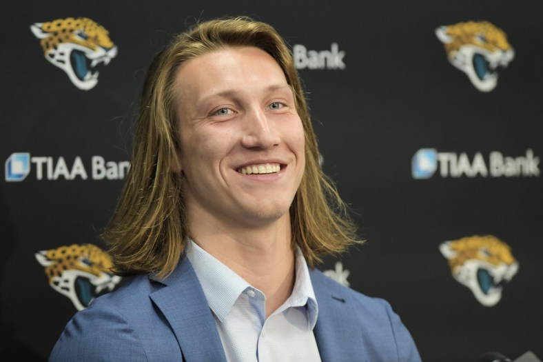 Jaguars No. 1 draft pick Trevor Lawrence appears at Friday afternoon's press conference at TIAA Bank Field.

Jki 043021 Trevorlawrencea 7
