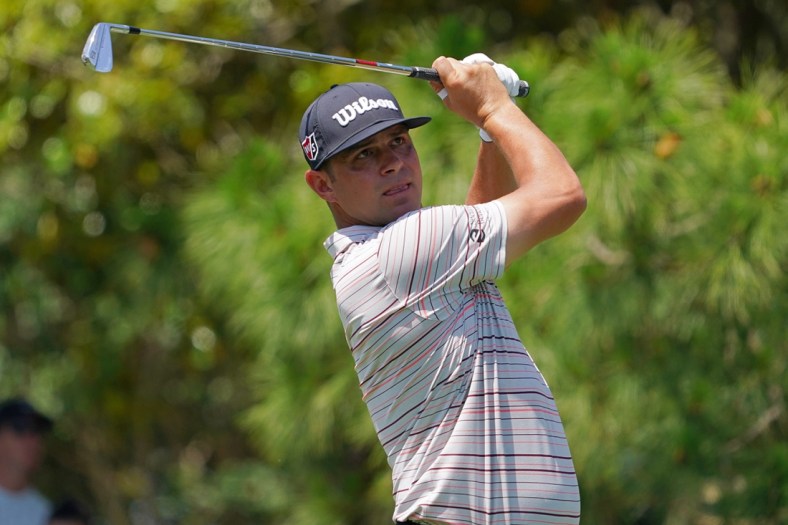 Apr 30, 2021; Palm Harbor, Florida, USA; Gary Woodland tees off on the 8th hole during the second round of the Valspar Championship golf tournament. Mandatory Credit: Jasen Vinlove-USA TODAY Sports