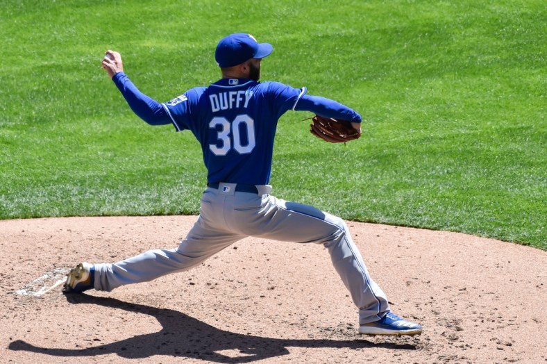May 1, 2021; Minneapolis, Minnesota, USA; Kansas City Royals starting pitcher Danny Duffy (30) throws a pitch during the second inning against the Minnesota Twins at Target Field. Mandatory Credit: Jeffrey Becker-USA TODAY Sports