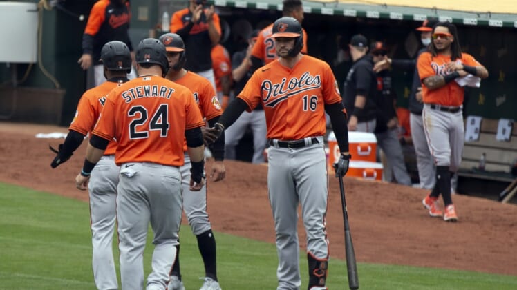 May 1, 2021; Oakland, California, USA; Baltimore Orioles players celebrate a three-RBI single and two Oakland Athletics throwing errors during the third inning at RingCentral Coliseum. Mandatory Credit: D. Ross Cameron-USA TODAY Sports
