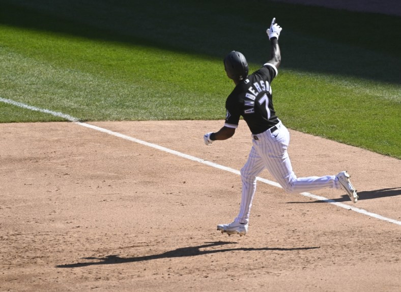 May 1, 2021; Chicago, Illinois, USA;  Chicago White Sox shortstop Tim Anderson (7) after hitting a grand slam against the Cleveland Indians in the second inning at Guaranteed Rate Field. Mandatory Credit: Matt Marton-USA TODAY Sports