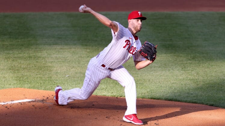 May 1, 2021; Philadelphia, Pennsylvania, USA; Philadelphia Phillies starting pitcher Zack Wheeler (45) throws against the New York Mets in the first inning at Citizens Bank Park. Mandatory Credit: Kam Nedd-USA TODAY Sports